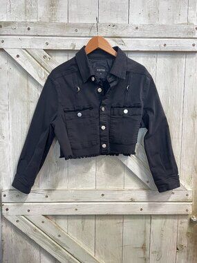Vette Black Cropped Denim Frayed Hem Jacket Size 0
